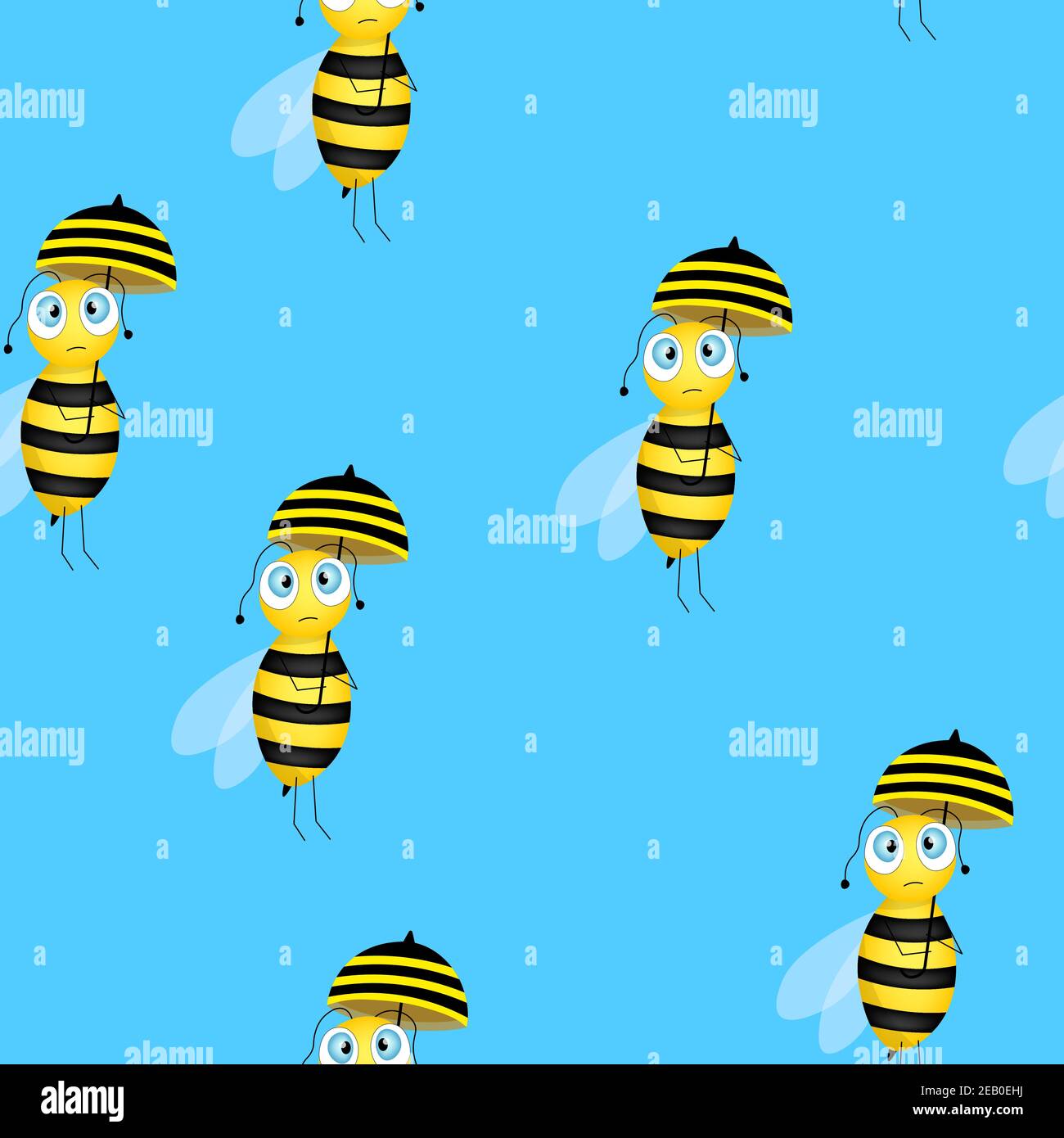 Seamless pattern with bees on blue background. Small wasp with umbrella. Flat vector illustration. Adorable cartoon character. Template design for Stock Vector