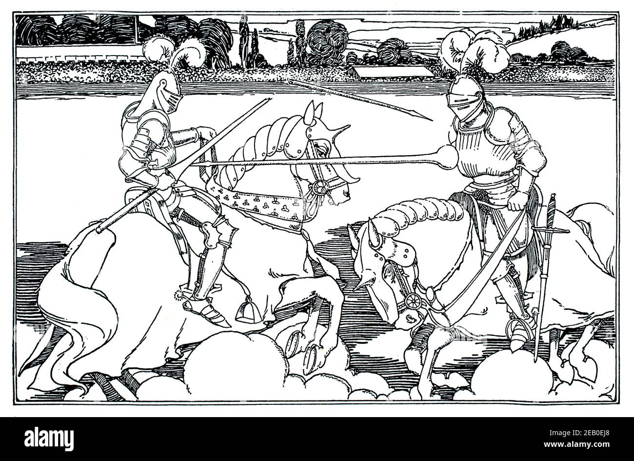 Ivanhoe illustration, medieval knights jousting, illustration by Sunderland Rollinson in 1898 The Studio an Illustrated Magazine of Fine and Applied A Stock Photo