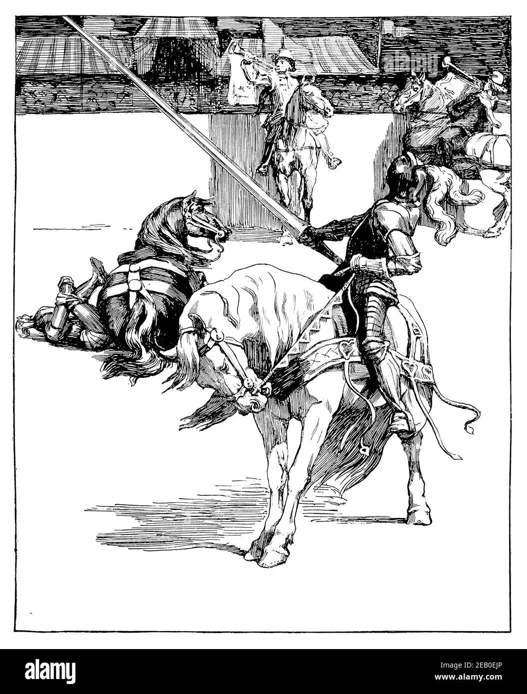 Ivanhoe illustration, medieval knights jousting, illustration by Edwin Noble in 1898 The Studio an Illustrated Magazine of Fine and Applied Art Stock Photo