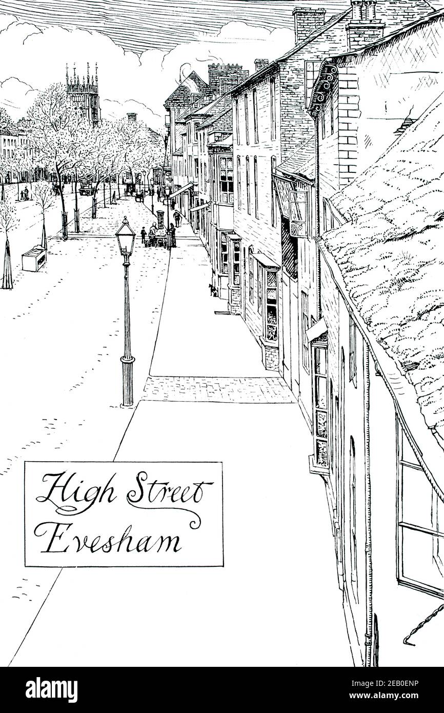 High Street, Evesham, line drawing by Edmund Hort (E H) New in 1898 The Studio an Illustrated Magazine of Fine and Applied Art Stock Photo