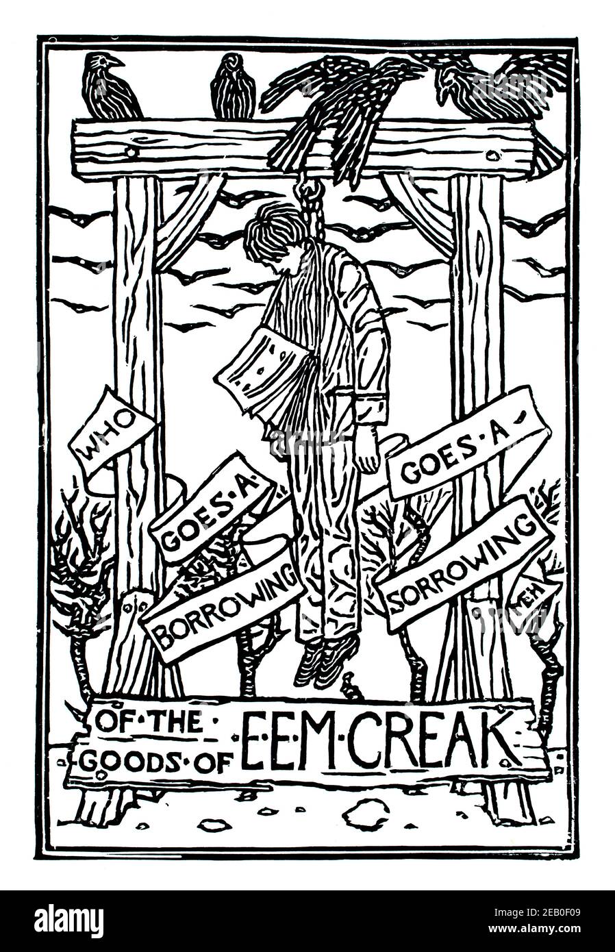 The Goods of E E M Creek, wood block printed design by female artist Margaret Harrison in 1898 The Studio an Illustrated Magazine of Fine and Applied Stock Photo