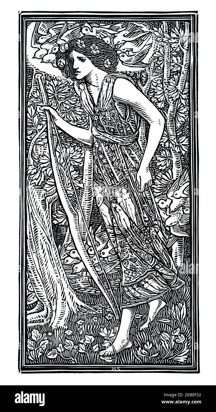 wood block printed illustration woman with bow in woodland, by English artist Bernard Sleigh in 1898 The Studio an Illustrated Magazine of Fine and Ap Stock Photo