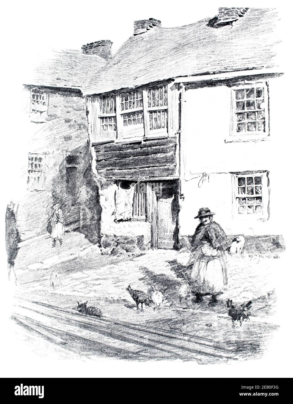 Pencil sketch of woman feeding hens in narrow street of St Ives Cornwall in 1890s, by Robert Morton Nance  in 1898 The Studio an Illustrated Magazine Stock Photo