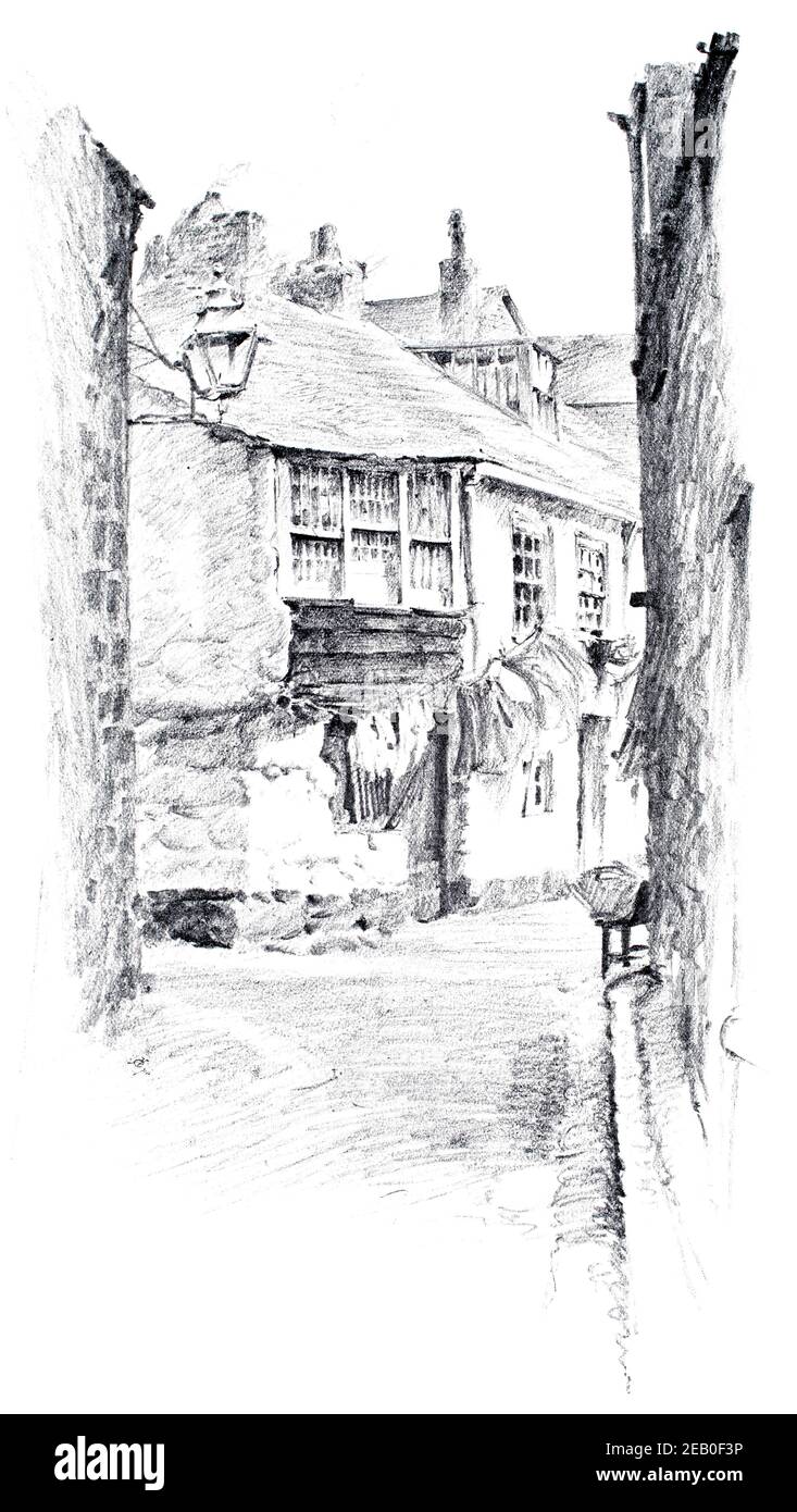 Pencil sketch of washing drying in narrow street of St Ives Cornwall in 1890s, by Robert Morton Nance  in 1898 The Studio an Illustrated Magazine of F Stock Photo