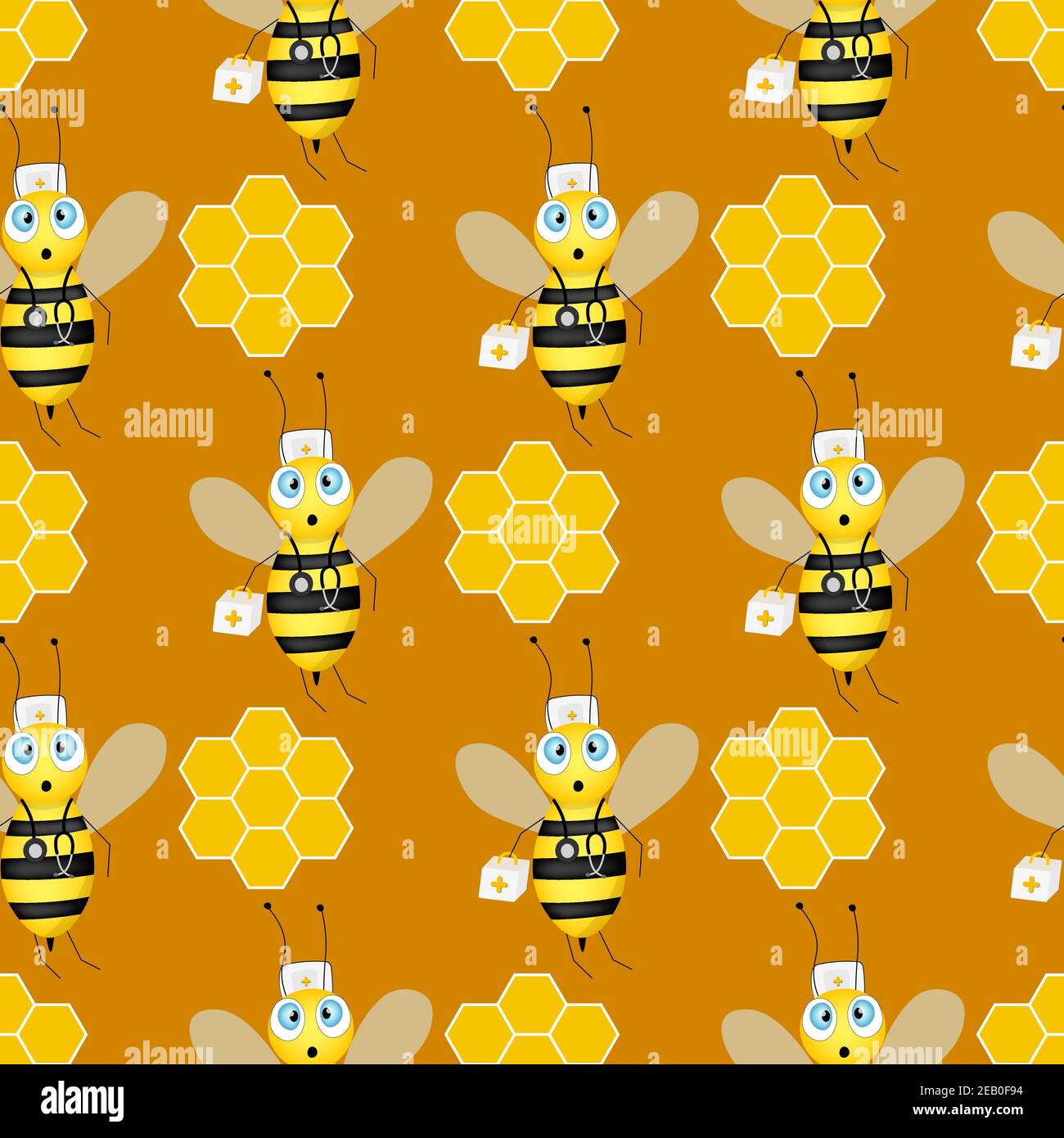 Seamless pattern with bees and honeycombs on brown background. Small ...