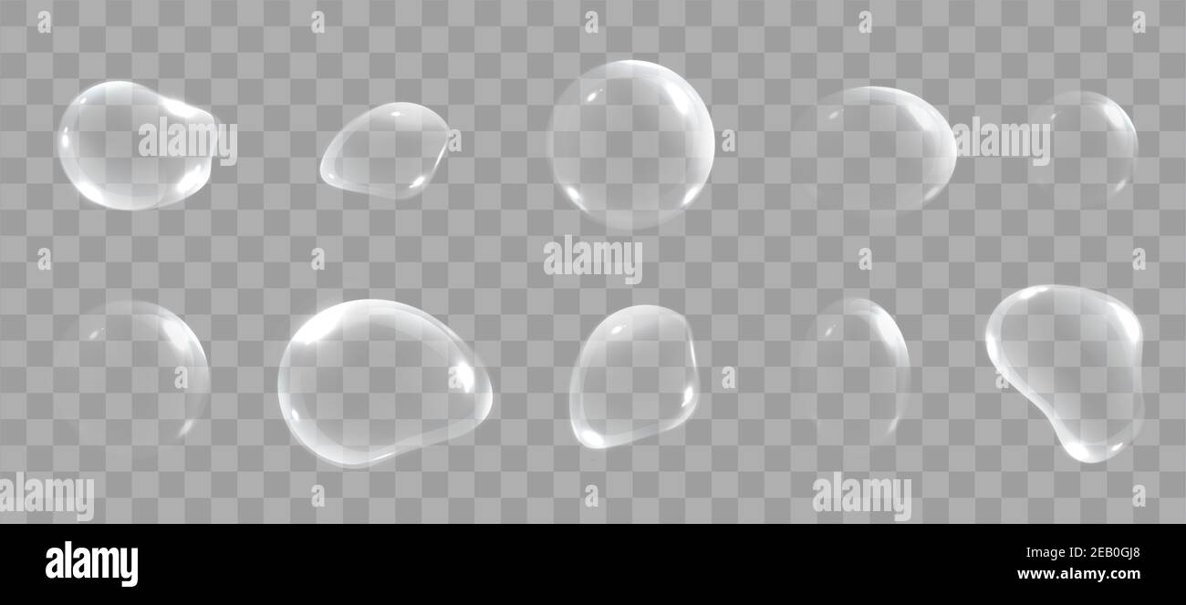 Realistic soap bubbles with rainbow reflection set isolated.  Stock Vector