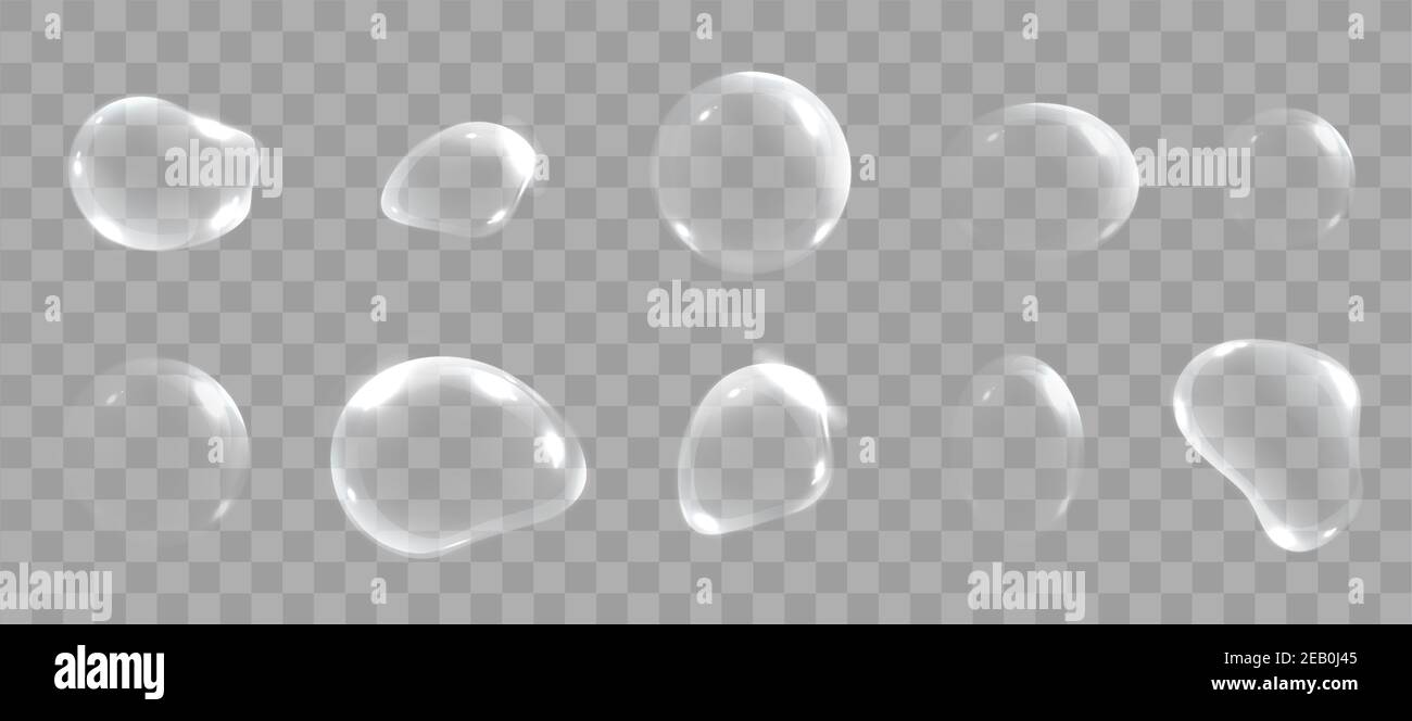 Realistic soap bubbles with rainbow reflection set isolated.  Stock Vector