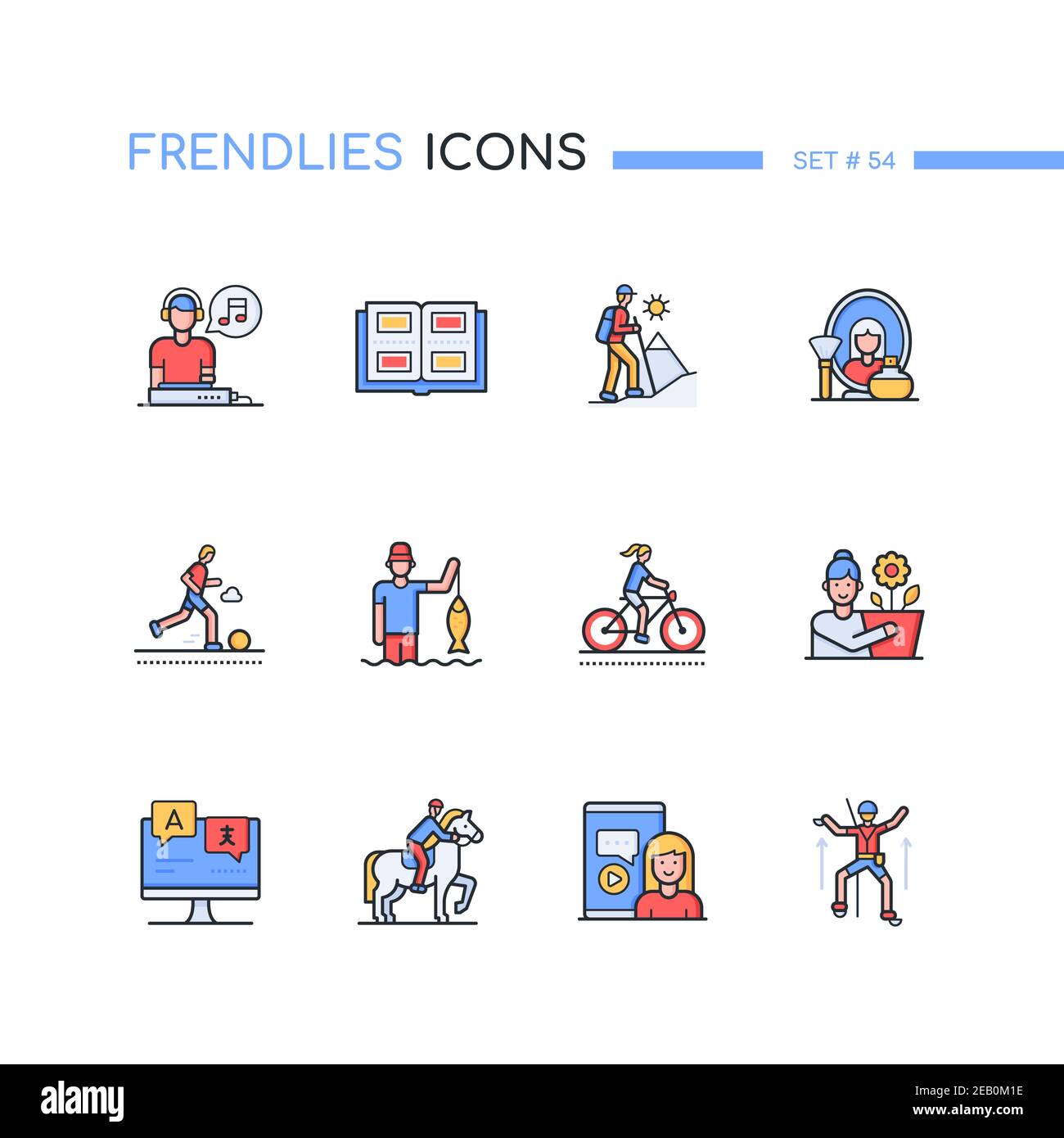 Hobby - modern line design style icons set. Leisure, sports idea. Music, collecting, foreign languages, makeup, flower growing, blogging, fishing, cyc Stock Vector