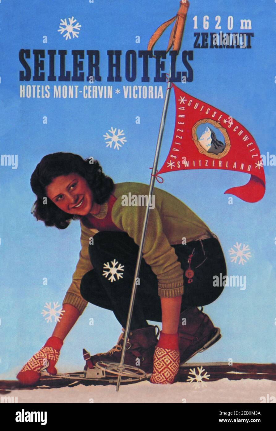 Seiler Hotel: Woman Adjusting Skis 1948 Stock Photo