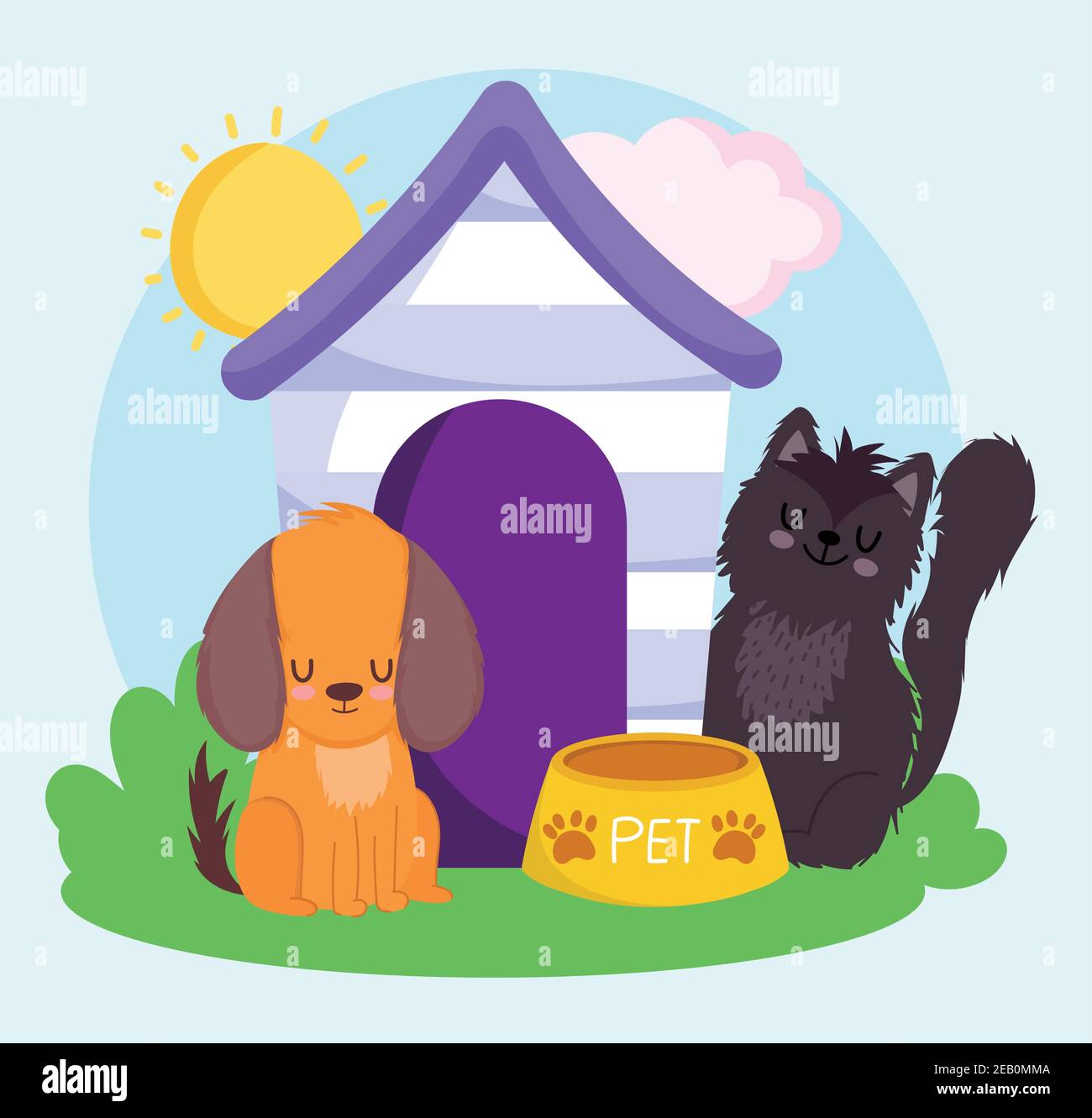 cute dog and cat with wooden house food pets vector illustration Stock ...
