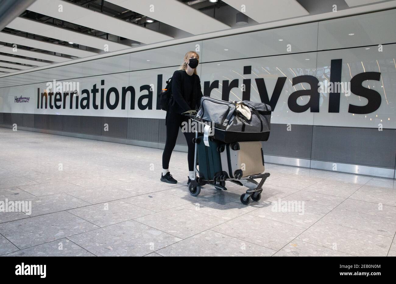 London, UK. 11th Feb, 2021. International Arrivals at Heathrow Terminal 5. People arriving in England from 'red list' countries, including UK residents, must isolate for 10 days in hotels, costing £1,750 from February 15th. Health Secretary made the announcement in the House of Commons on FEbraury 10th. Credit: Mark Thomas/Alamy Live News Stock Photo