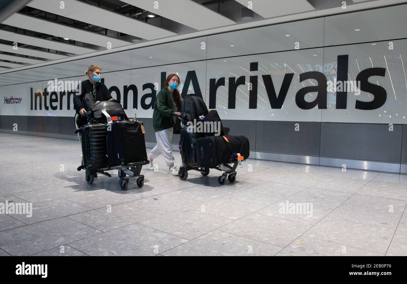 London, UK. 11th Feb, 2021. International Arrivals at Heathrow Terminal 5. People arriving in England from 'red list' countries, including UK residents, must isolate for 10 days in hotels, costing £1,750 from February 15th. Health Secretary made the announcement in the House of Commons on FEbraury 10th. Credit: Mark Thomas/Alamy Live News Stock Photo