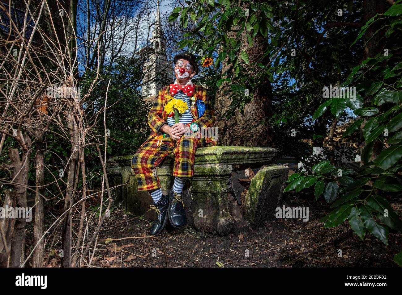Mattie the Clown of Clowns international preparing to celebrate the 75th anniversary of Grimaldi Clown service on Sunday 7th February 2021, London, UK. Stock Photo