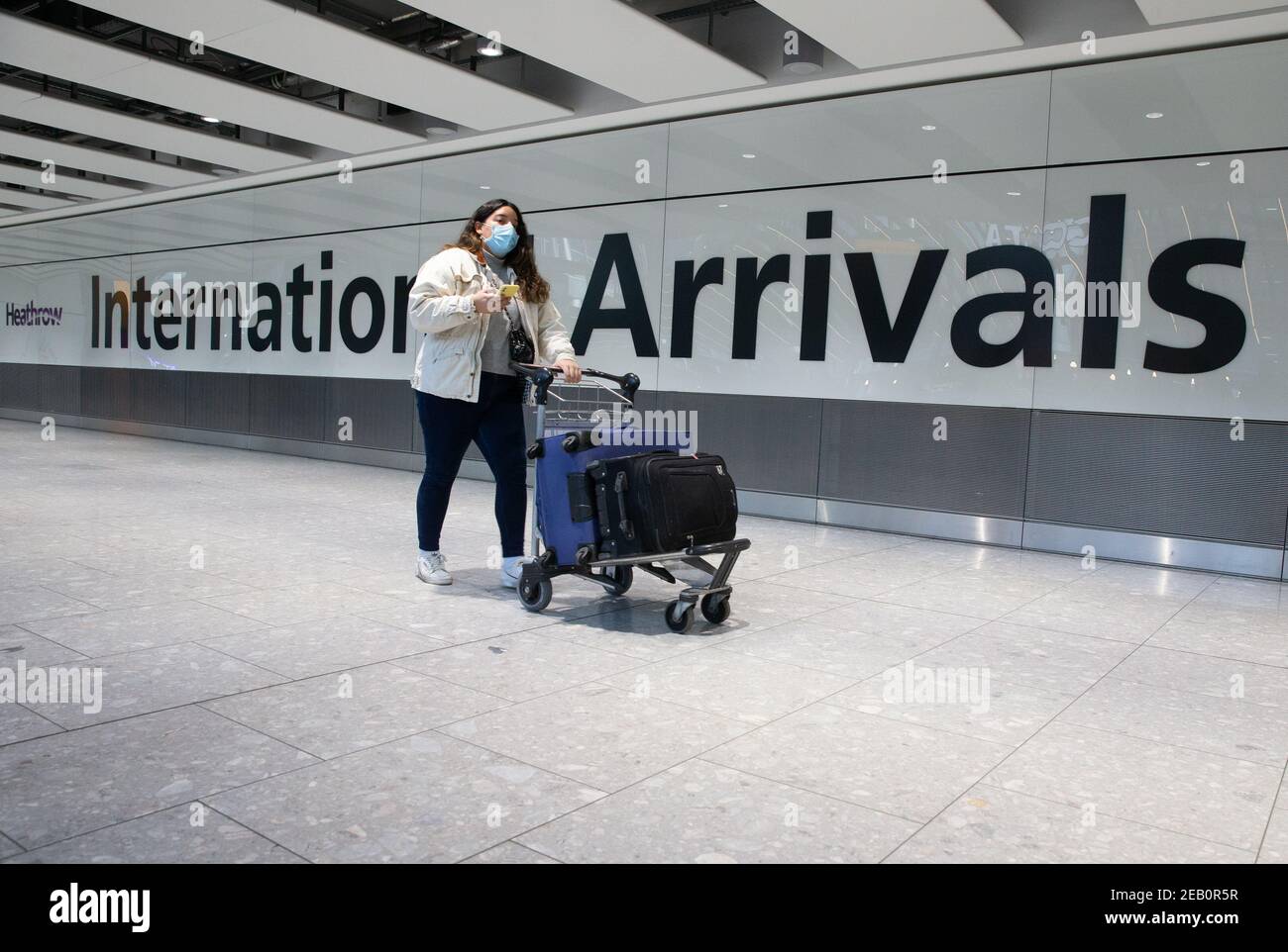 London, UK. 11th Feb, 2021. International Arrivals at Heathrow Terminal 5. People arriving in England from 'red list' countries, including UK residents, must isolate for 10 days in hotels, costing £1,750 from February 15th. Health Secretary made the announcement in the House of Commons on FEbraury 10th. Credit: Mark Thomas/Alamy Live News Stock Photo