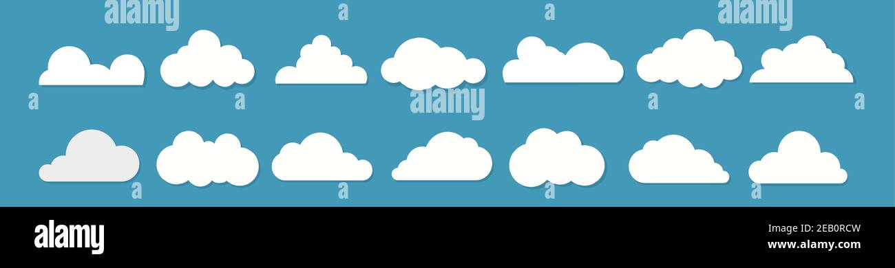 White clouds flat design set on blue background. Vector Stock Vector