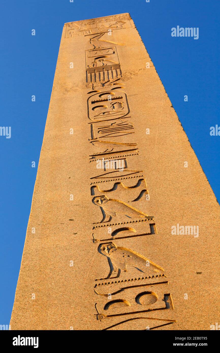 Istanbul, Turkey.  Hieroglyphs on Egyptian obelisk in the Hippodrome. The obelisk was originally raised in Upper Egypt by Pharaoh Tuthmosis III circa Stock Photo