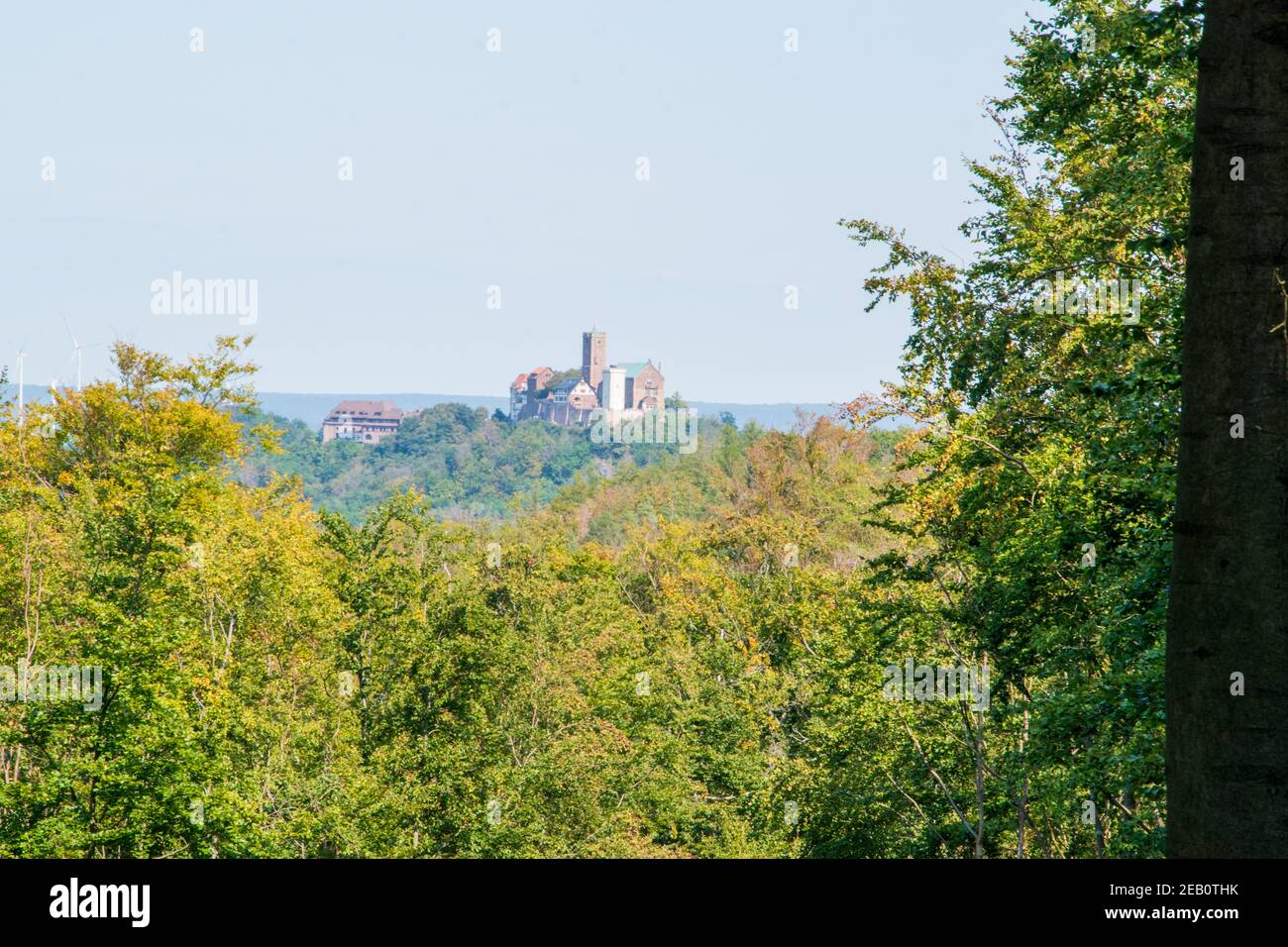 Distant view of the Wartburg near Eisenach from the Rennsteig hiking trail. Stock Photo