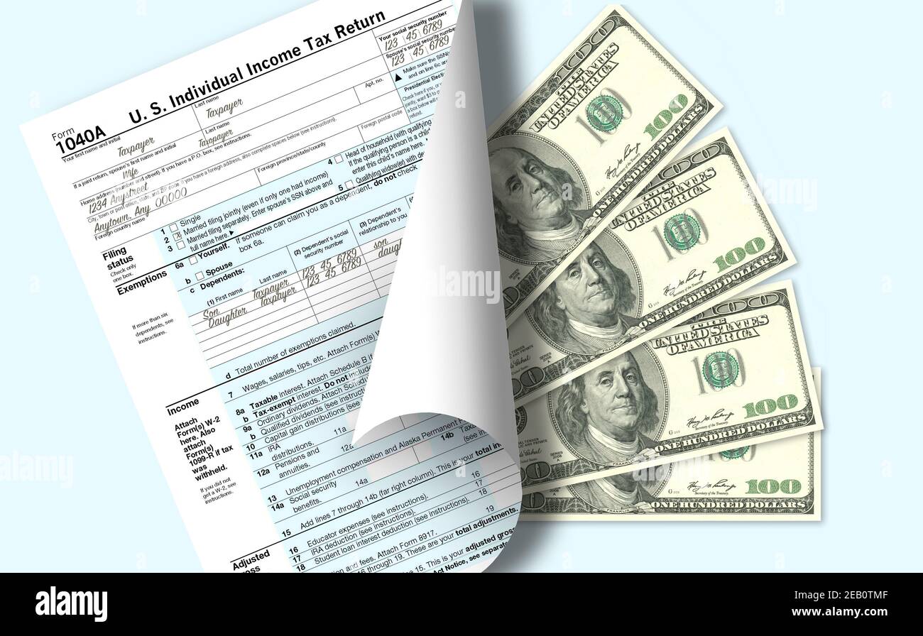 A USA federal income tax form 1040 is seen with four one-hundered dollar bills to represent taxes to be paid or a tax refund that will come back to th Stock Photo