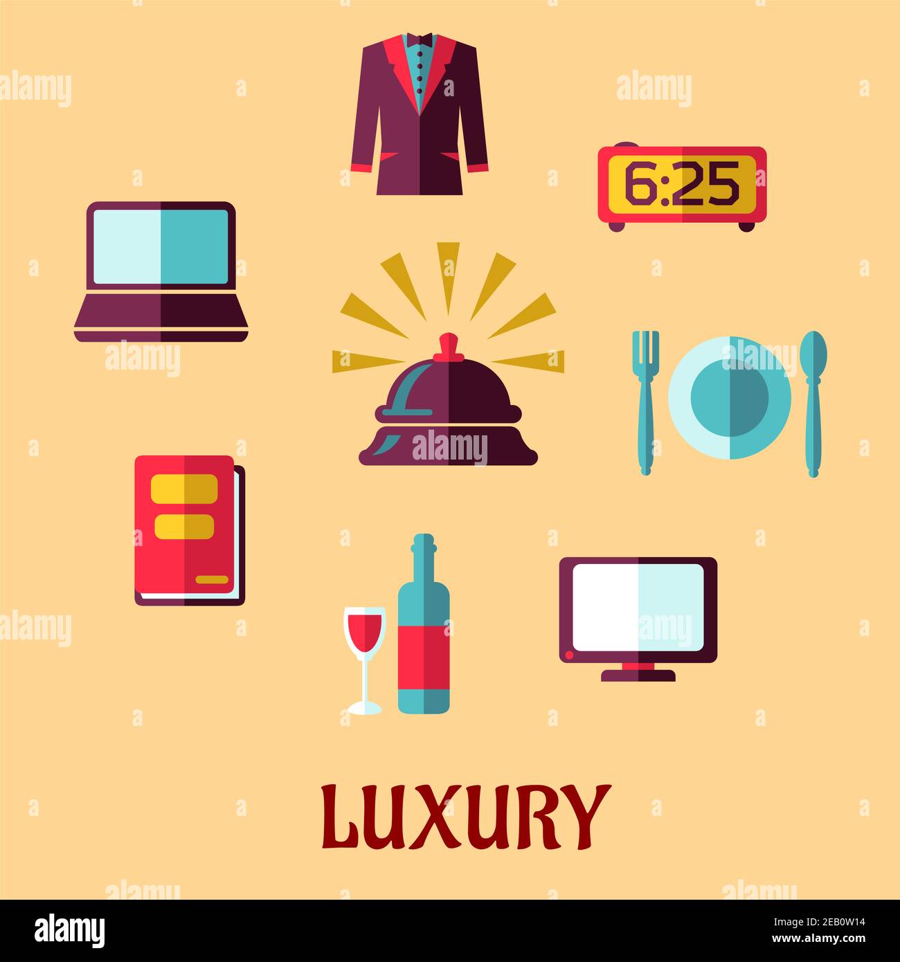 Flat concept for luxury five stars hotel with reception bell and high quality of room service icons isolated on beige background Stock Vector