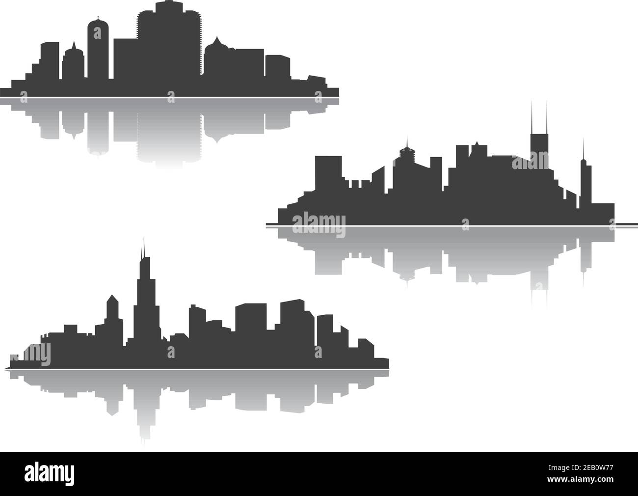 Skylines of modern city with reflection and silhouettes of skyscrapers ...