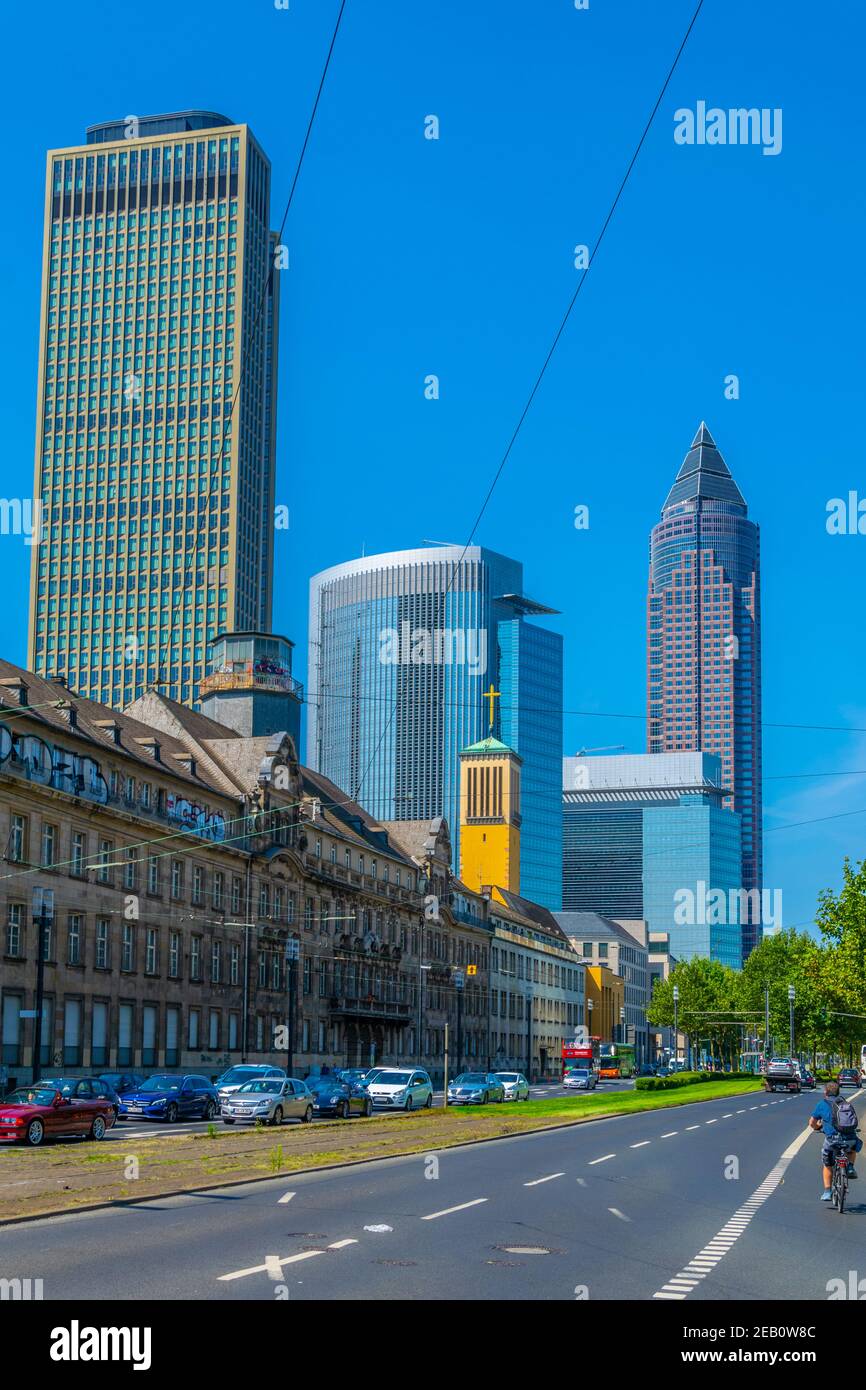 FRANKFURT, GERMANY, AUGUST 18, 2018: View of Friedrich Ebert Anlage street with Messeturm on background, Frankfurt, Germany Stock Photo