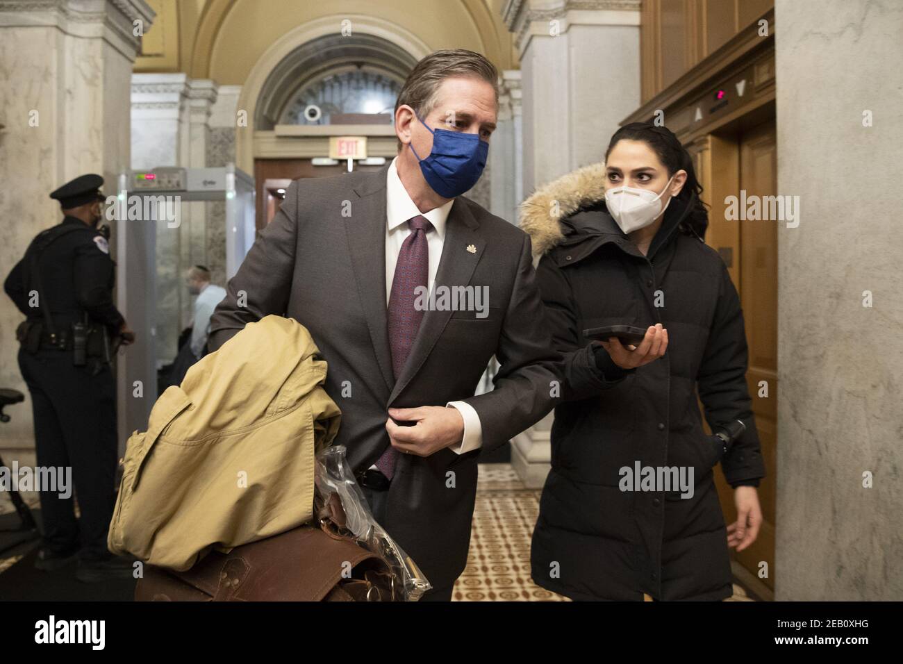 Washington, United States. 11th Feb, 2021. Bruce Castor, a lawyer for former US President Donald J. Trump, arrives on the third day of the second impeachment trial at the Capitol in Washington, DC on Thursday, February 11, 2021. Arguments will be presented in the impeachment trial of former President Donald Trump today. Pool Photo by Michael Reynolds/UPI Credit: UPI/Alamy Live News Stock Photo
