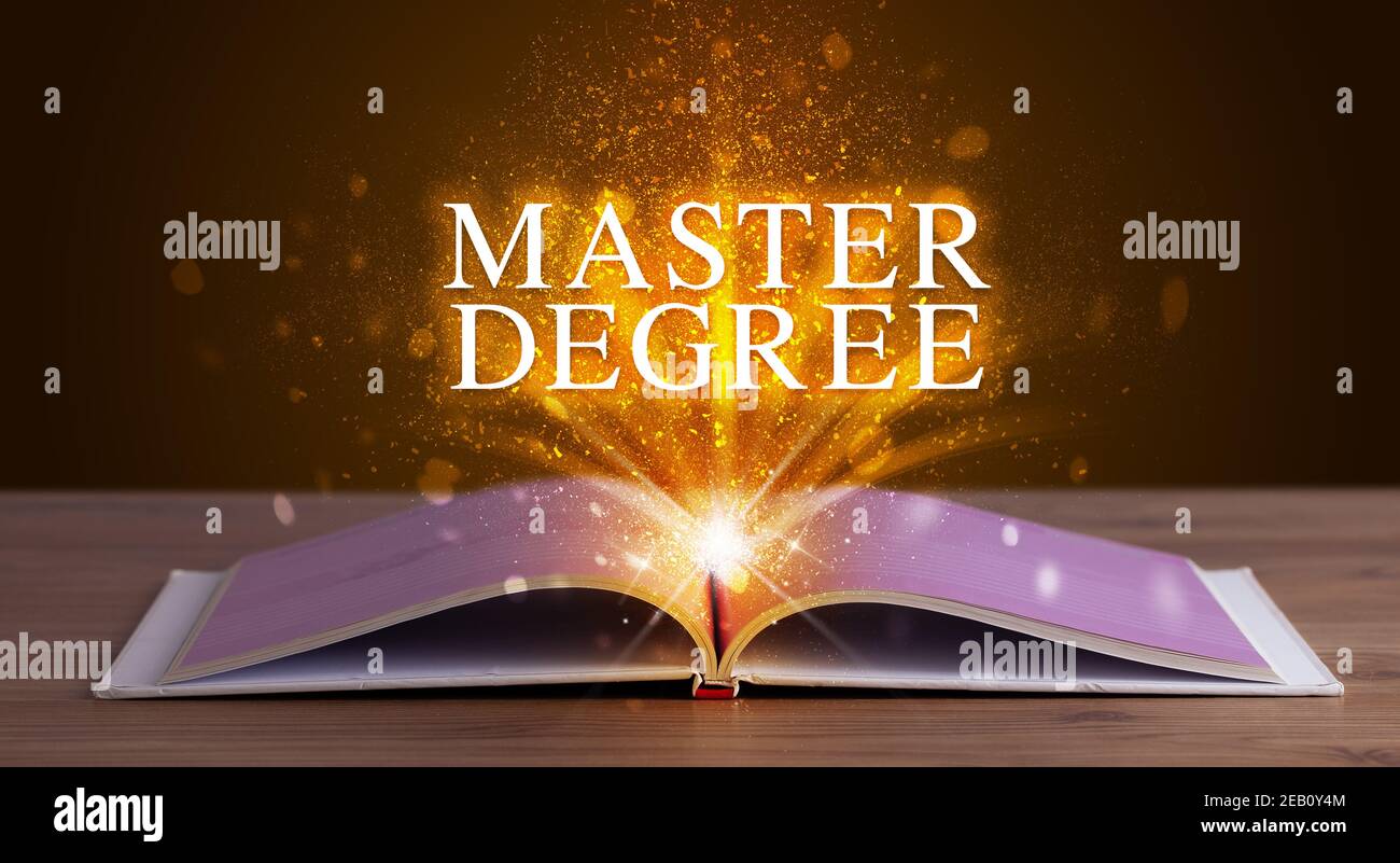 MASTER DEGREE inscription coming out from an open book, educational