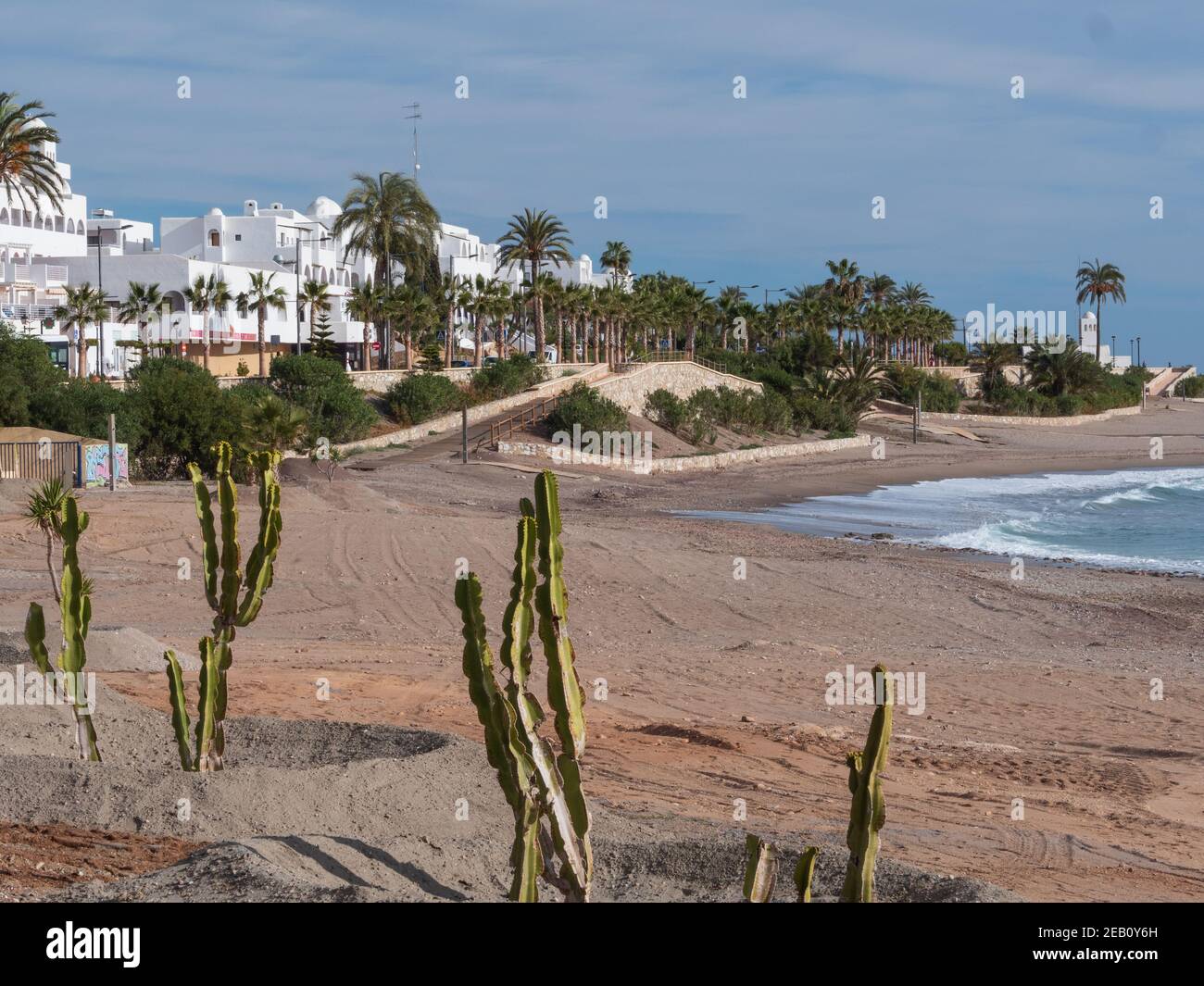 The beach and white washed buildings of Mojacar in the province of Almeria Andalucia Spain Stock Photo