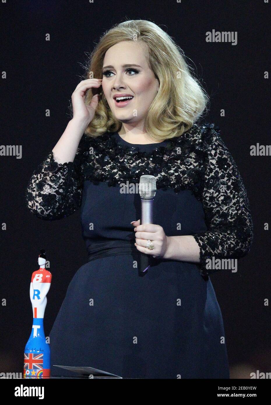 London, UK. 21st February 2012. Brit Awards 2012 - Show English Singer Adele receives a Brit Award for Album of the Year during the 2012 Brit awards at The O2 Arena, London. Stock Photo