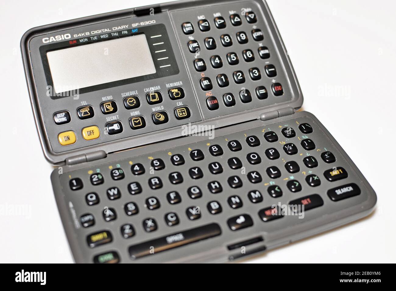 Vintage technology. Front view of an open personal digital diary calculator Stock Photo