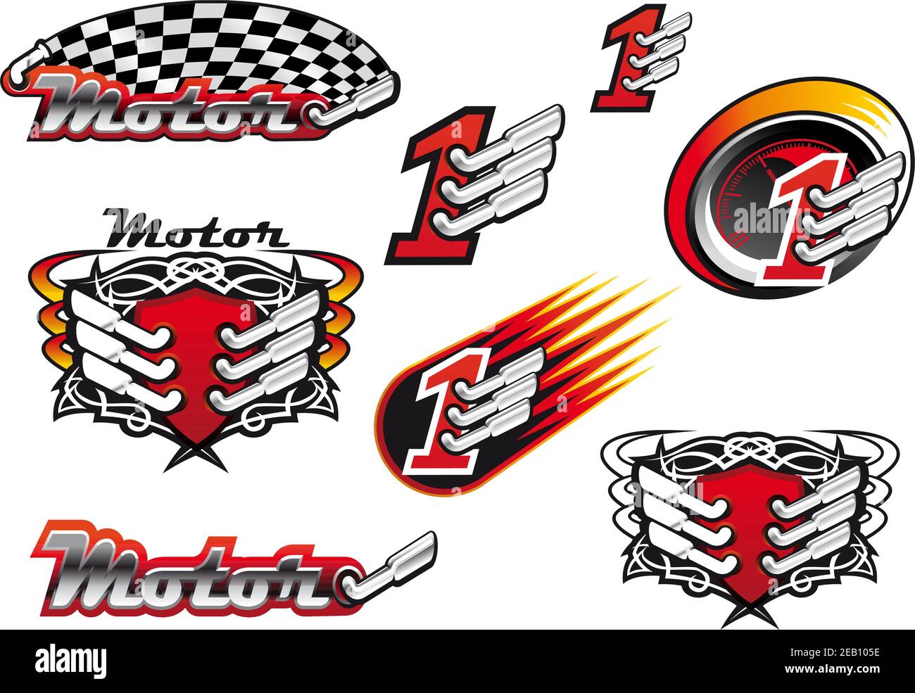 Racing and motocross emblems or symbols with checkered flags, number