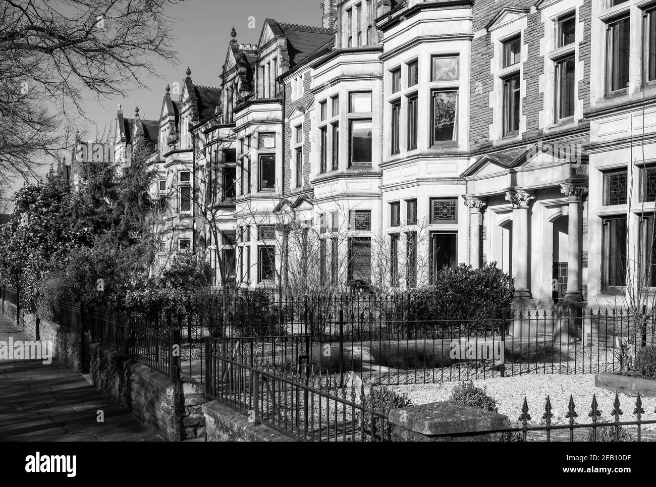 Black and White photo of Victorian Townhouses in Cathedral Road, Pontcanna, Cardiff - a very upmarket residential area. Stock Photo