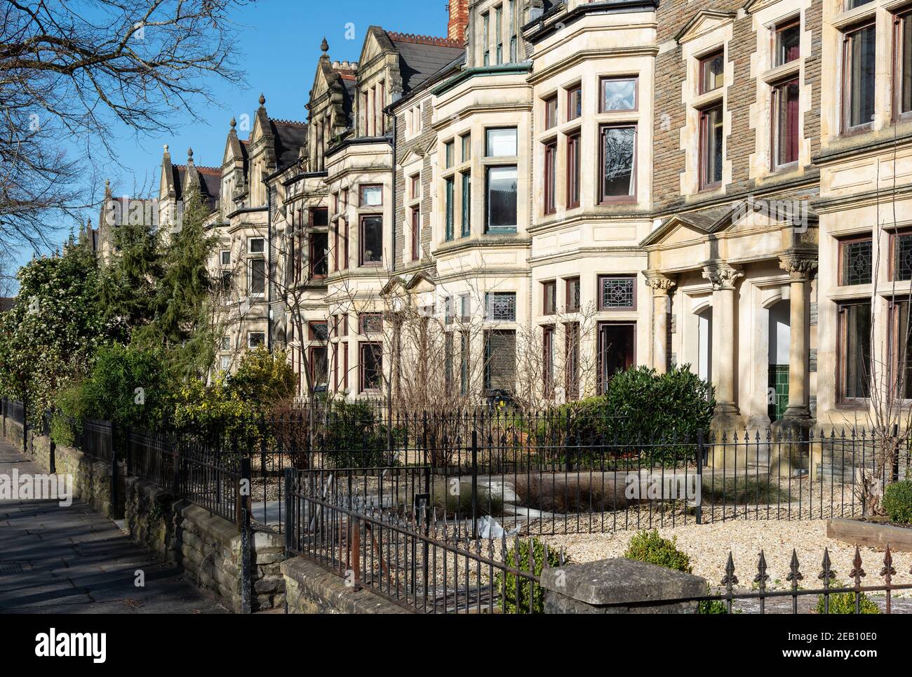 Victorian town houses in Cathedral Road. Upmarket residential area of Pontcanna, Cardiff, Wales. Stock Photo