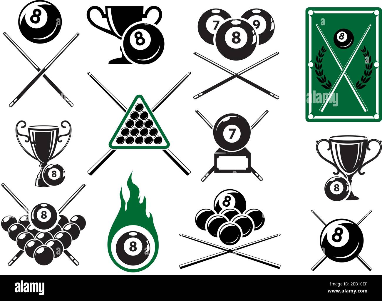Billiard, pool and snooker sports emblems with crossed cues, billiard balls, trophy cups and table Stock Vector