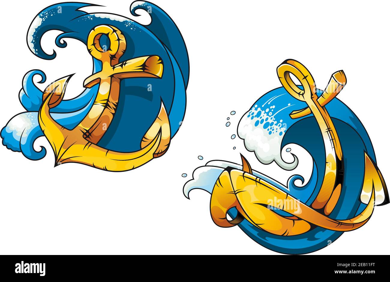 Colored cartoon ship anchors on sea water waves for tattoo, travel or transportation design Stock Vector Image & Art - Alamy