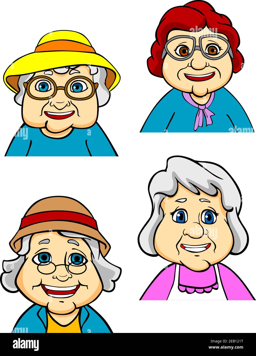 Cartoon happy old women and seniors characters on white background Stock Vector
