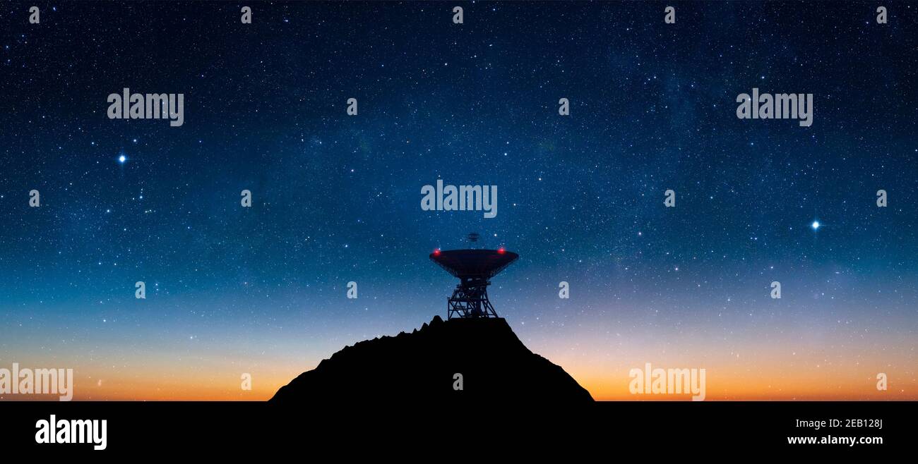 Landscape with signal receiving radio telescope in starry night sky - 3d Illustration Stock Photo