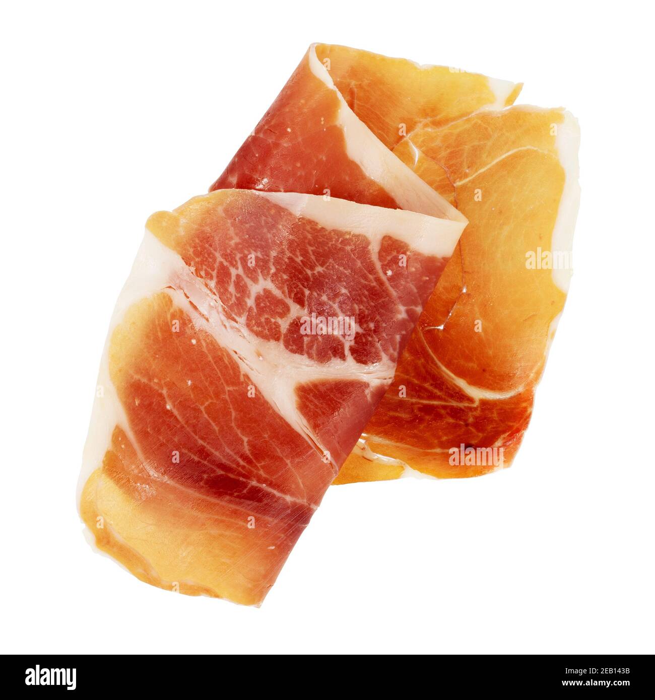 Italian prosciutto crudo or spanish jamon. Raw ham sliced on white on