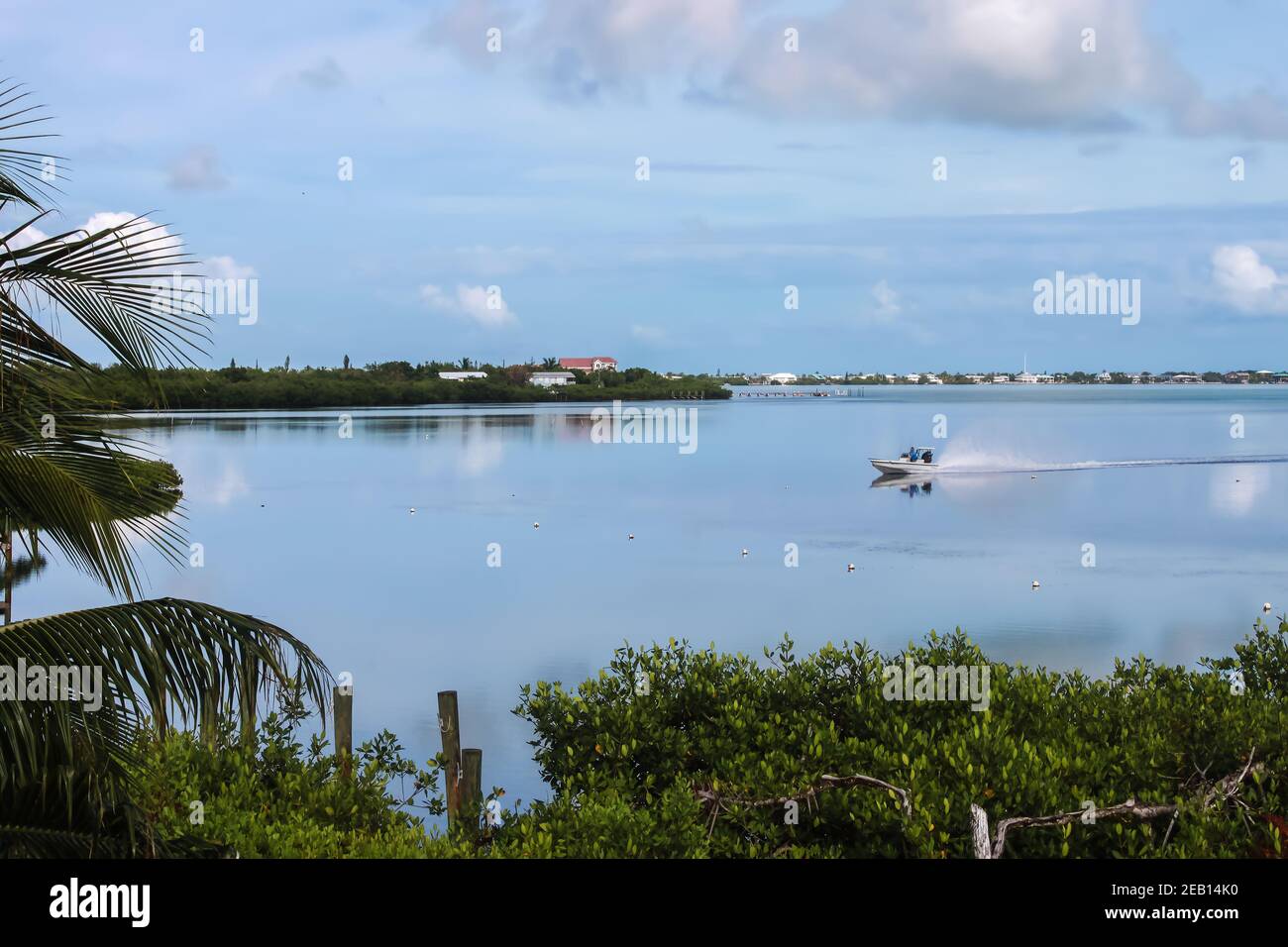 A good day for fishing in the Florida Keys - a small fishing boat races across the water on an ocean like glass reflecting a very blue sky with palms Stock Photo