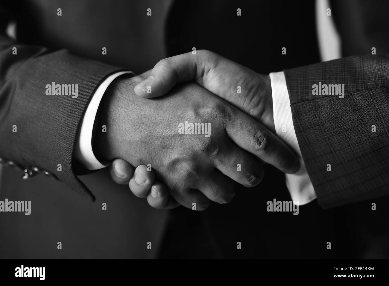 Male hands shaking tight, close up. Handshake on light grey background