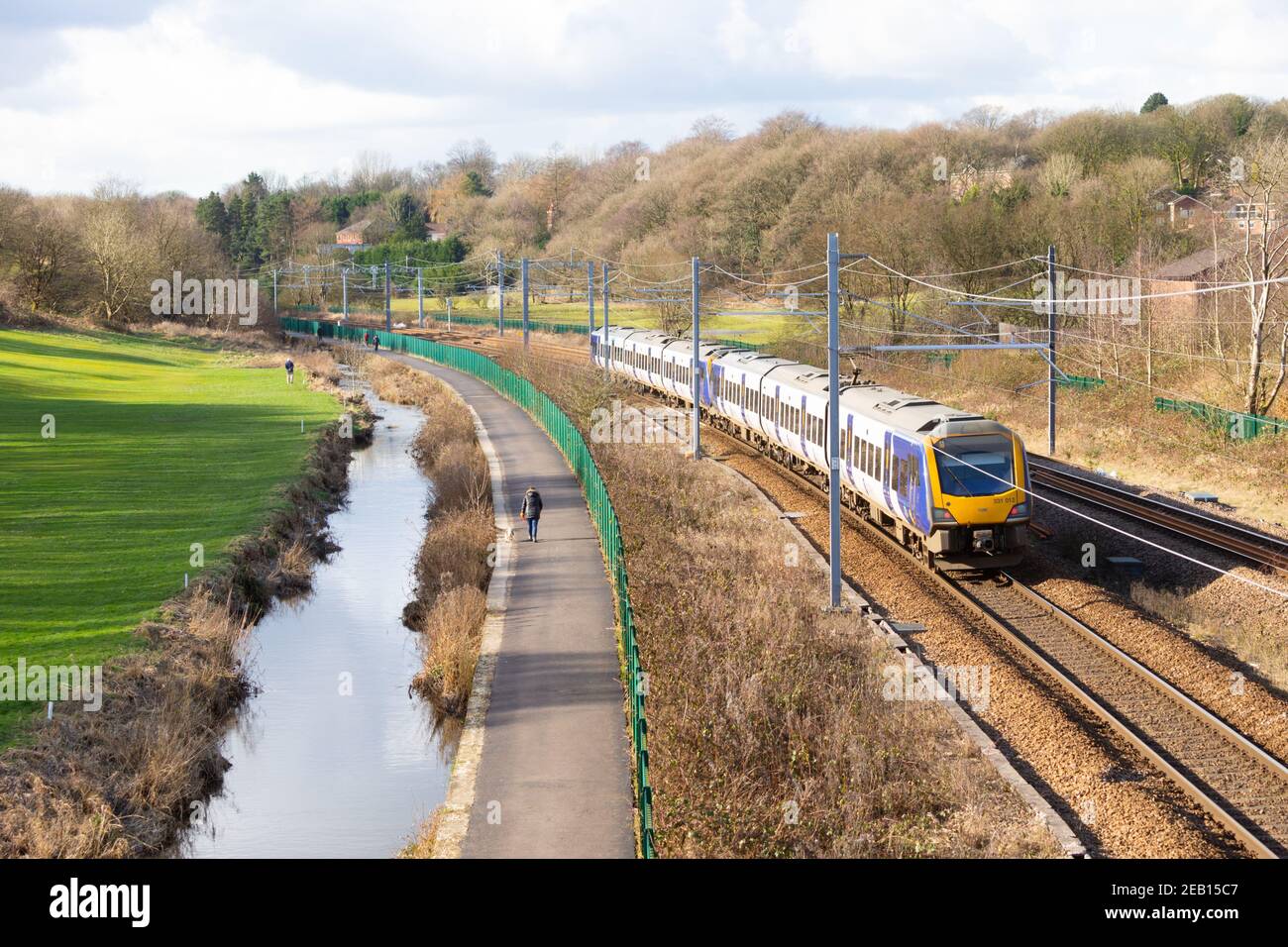 British Rail Class 331 Civity train made up of two 3 car sets with 331 012 in view at the Middlebrook Valley Trail heading towards Lostock. Bolton, UK Stock Photo