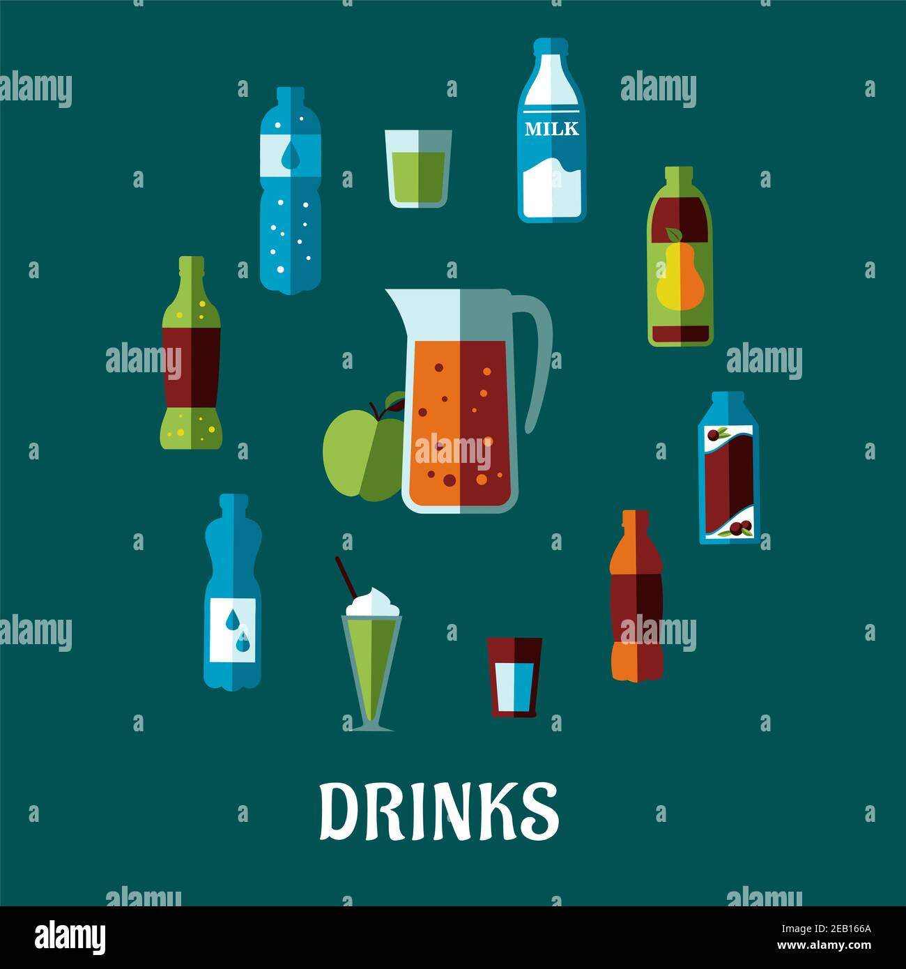 Flat non alcoholic drinks concept with pitcher and fresh apple