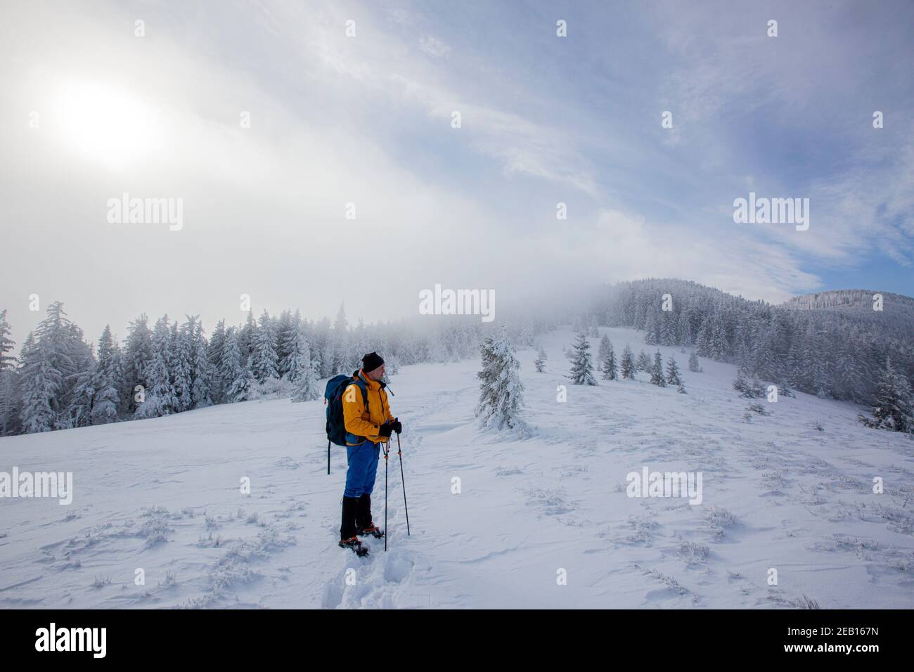 Man Hiking in winter Stock Photo