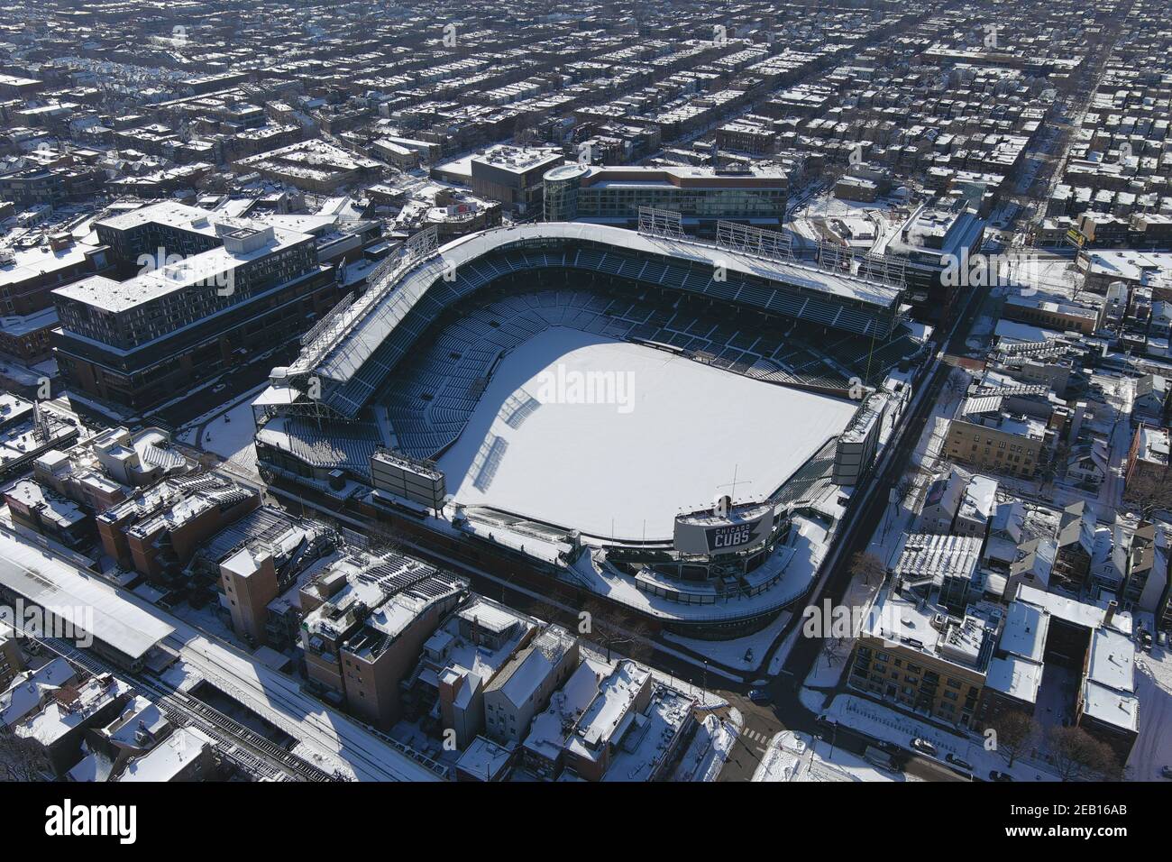 An aerial view of Wrigley Field, Sunday, Feb. 7, 2021, in Chicago. The stadium is the home of the Chicago Cubs. Stock Photo