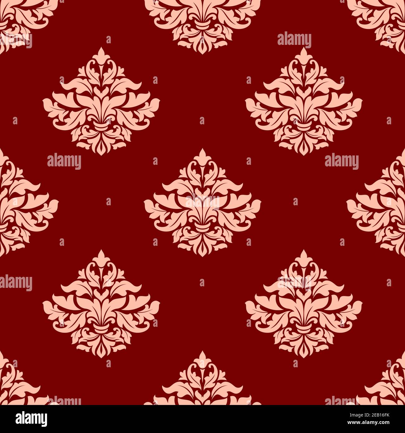 Floral seamless pattern with lush pink composition of elegant leaves scrolls and little lily buds on red background Stock Vector