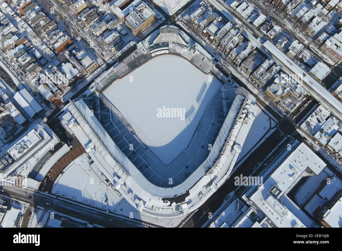An aerial view of Wrigley Field, Sunday, Feb. 7, 2021, in Chicago. The stadium is the home of the Chicago Cubs. Stock Photo