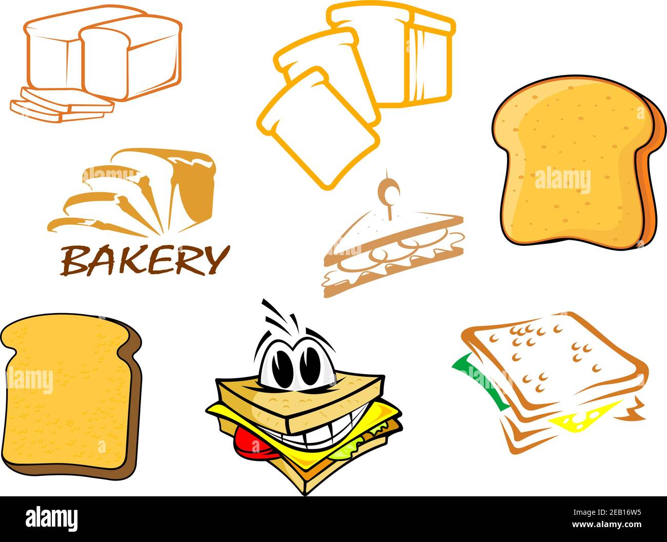 Colored vector toasts and bread icons showing a loaf, toast, slices, bakery, sandwich and cartoon sandwich with a happy face Stock Vector