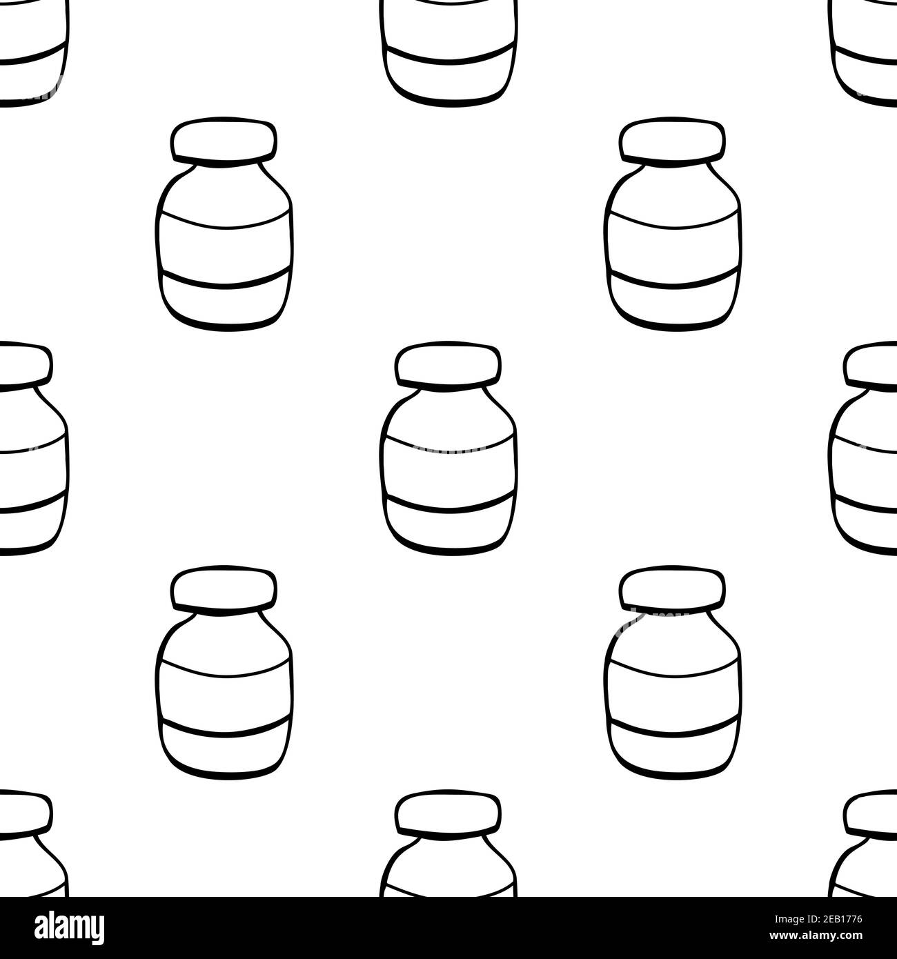 Seamless pattern made from hand drawn medical bottle illustration. Isolated on a white background. Stock Vector