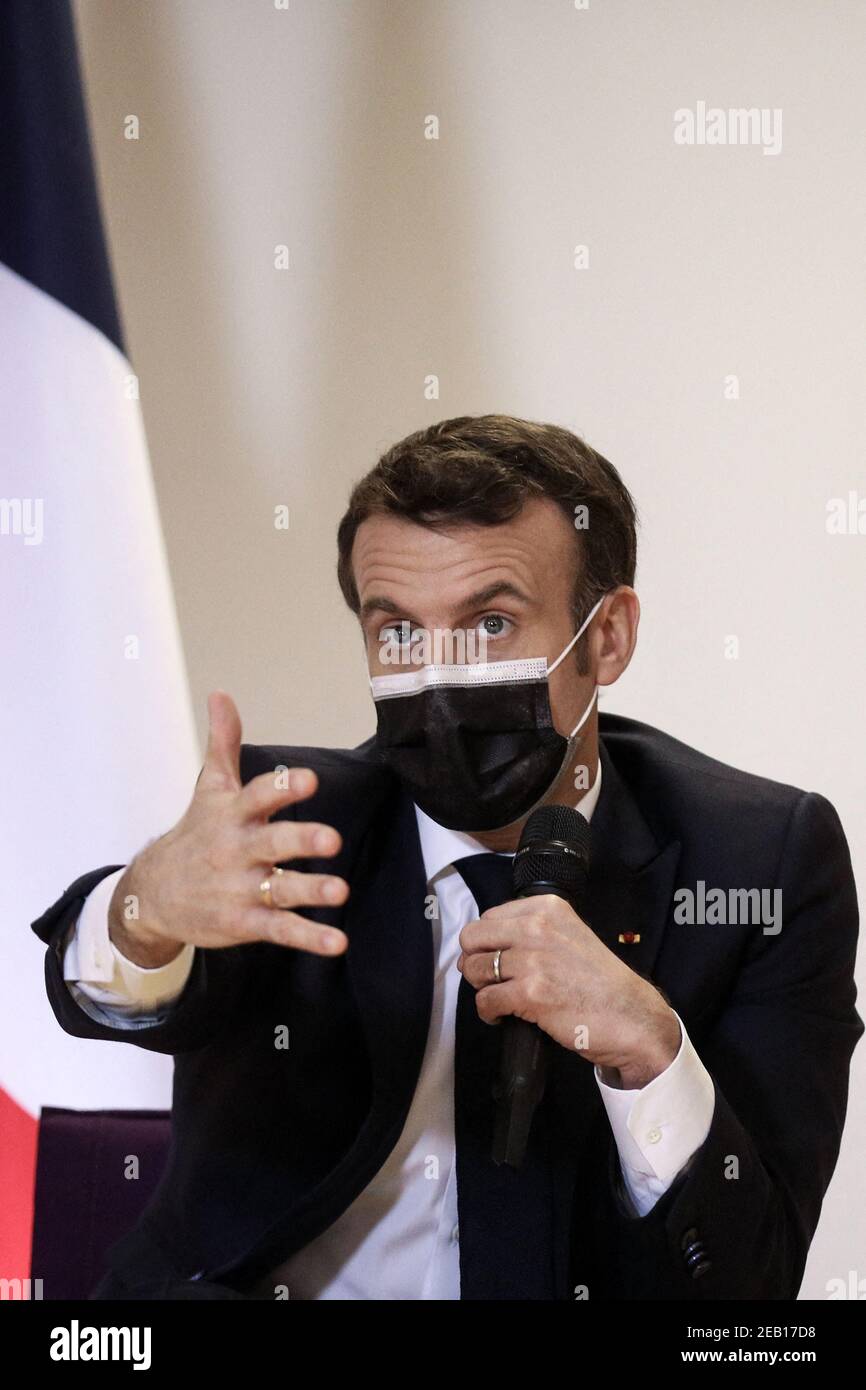 French President Emmanuel Macron at the Regional Institute of Administration (IRA) to meet civil servants and preparatory class students integrated into the IRA and high school students, to strengthen openness and equal access to public service schools, in favor of equal opportunities. Nantes, France on February 11, 2021. Photo by Stephane Lemouton/Pool/ABACAPRESS.COM Stock Photo