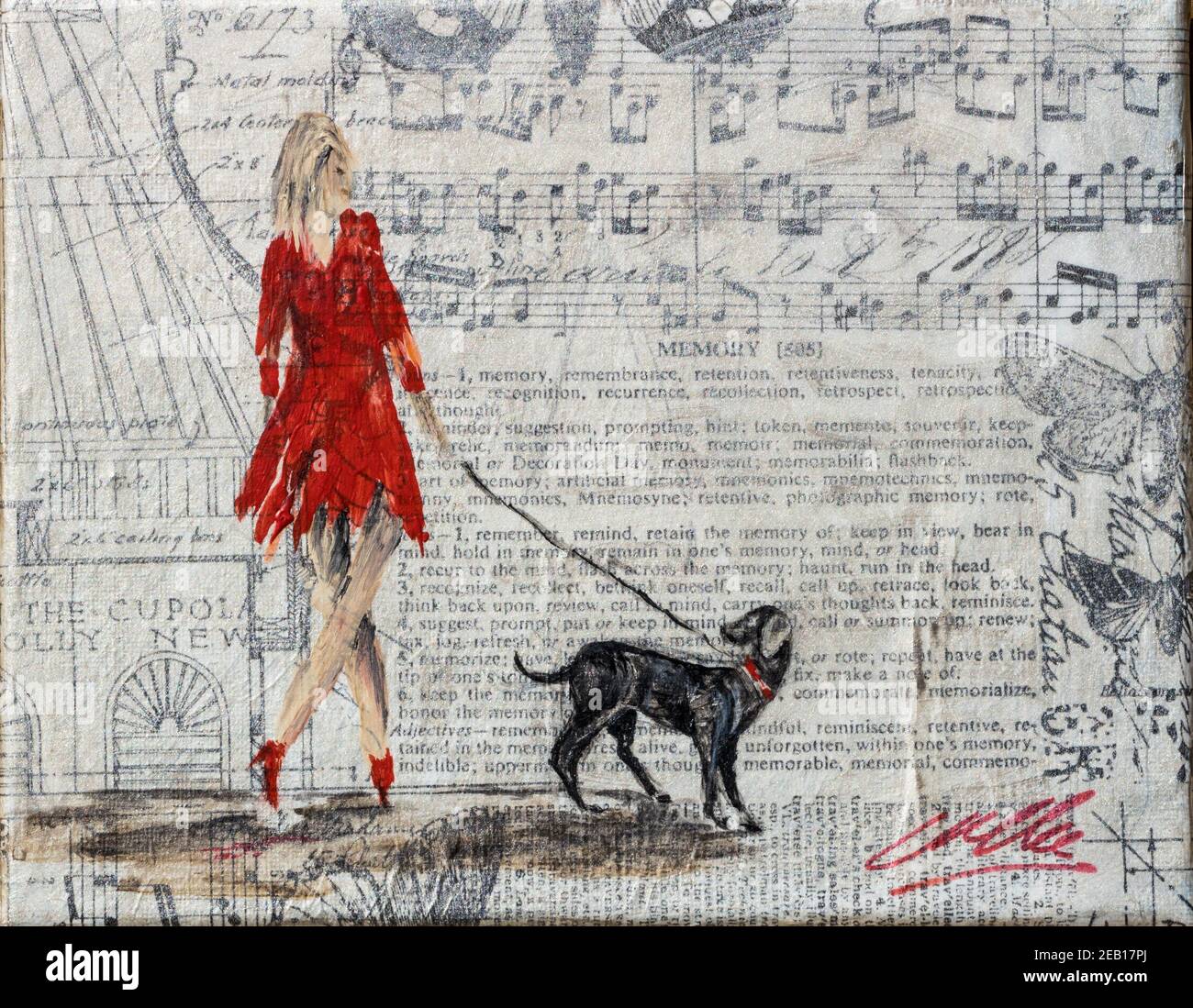 Lady in red dress walking black dog art on music paper. mixed media art Stock Photo